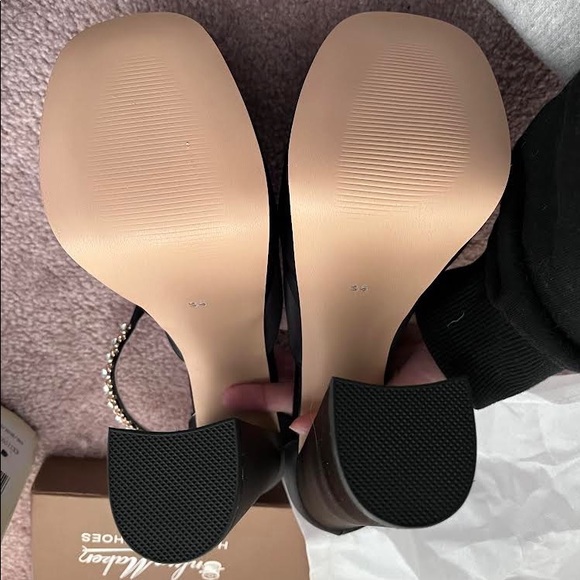 Black Silk-like Rhinestone Platform Chunky High Heels Pumps - Picture 3 of 7